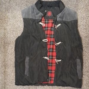 Platini Men's Black and Gray Puffer Vest with Red Plaid Lining